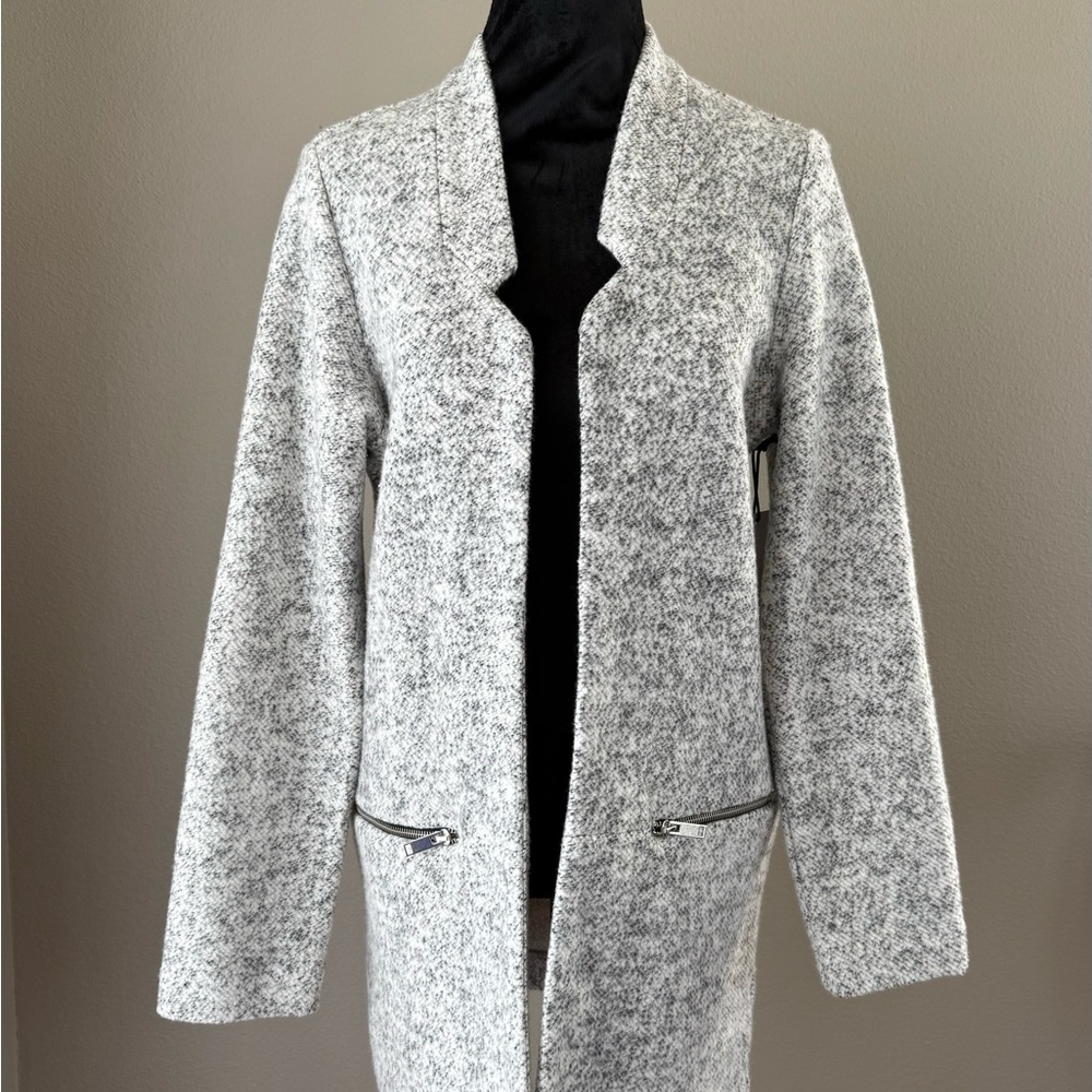 Gray Open Front Coat with Zipper Pockets